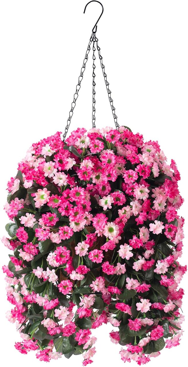 Artificial Flowers in Hanging Basket for Outdoors Indoors Decor, Artificial Mums Bush Flowers Plants with Baskets for Home Porch Garden Yard Patio Spring